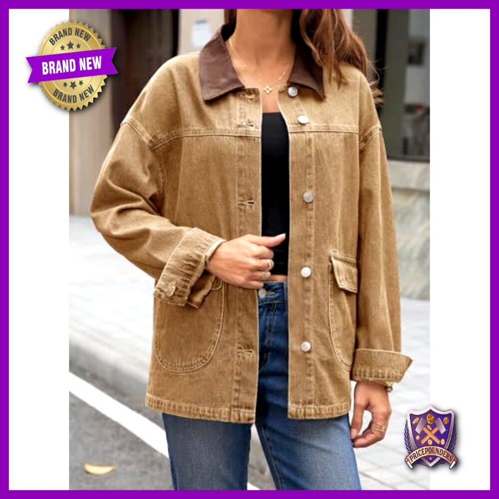 Oversized Denim Jacket Women's Casual Streetwear Y2K Chic Button Down with - Picture 4 of 6